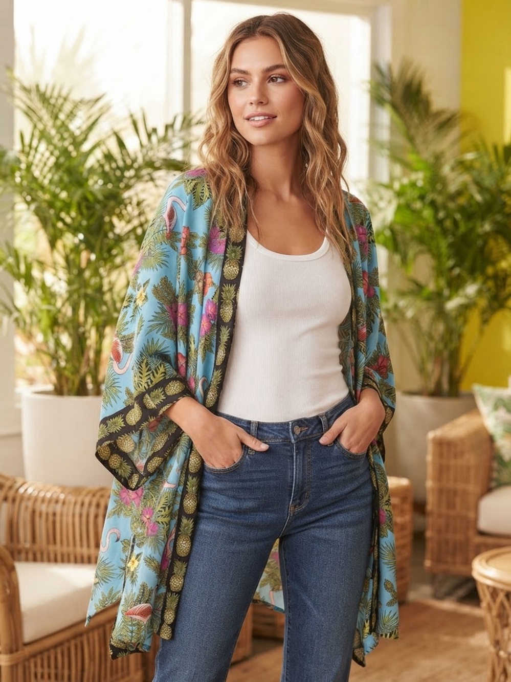 Light Blue Tropical Print Kimono Cardigan